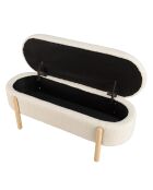 Panca in tessuto bouclé écru con contenitore e gambe in legno