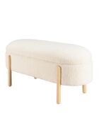 Panca in tessuto bouclé écru con contenitore e gambe in legno