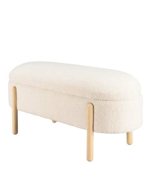 Banquette tissu bouclette écru avec rangement et pieds bois