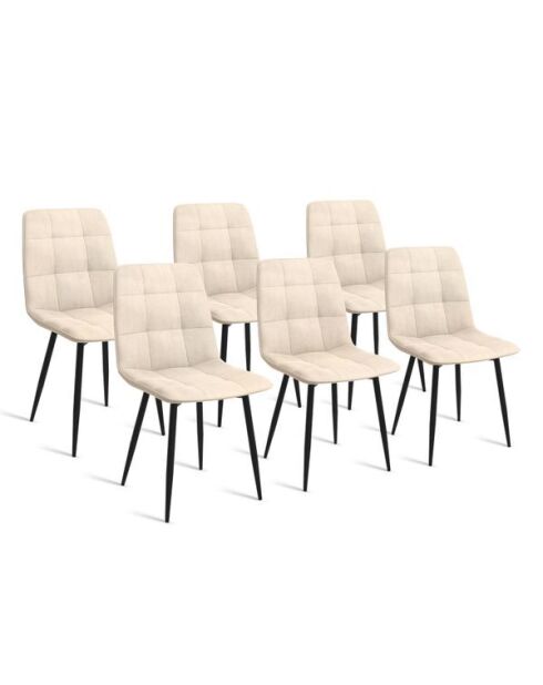 6 Chaises Linda en velours crème et pieds métal noirs - 46x55x88 cm
