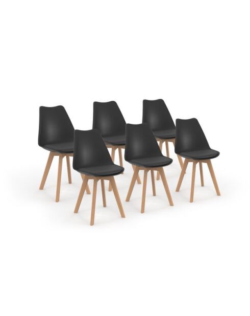 6 Chaises Nordia assise noire et pieds bois - 46x51x79,5 cm