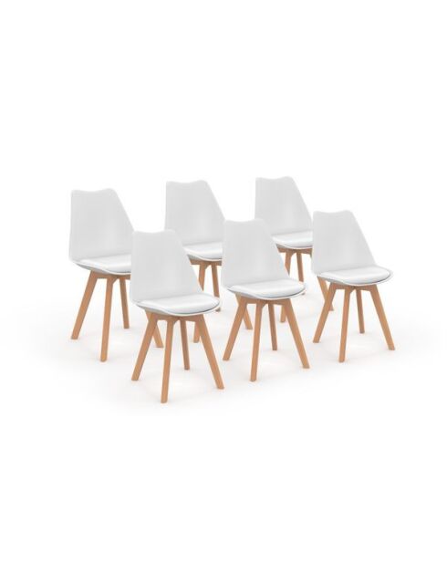 6 Chaises Nordia assise blanche et pieds bois - 46x51x79,5 cm