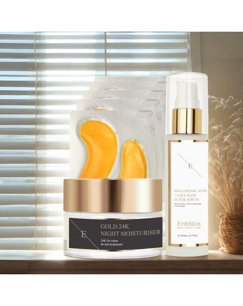 Set Gold 24-karaats nachtcrème + oogcontourpleisters + hyaluronzuur serum - 3 stuks