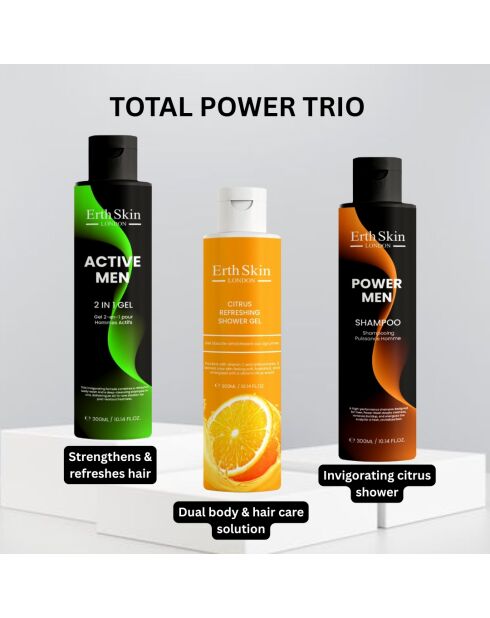 Shampoo Power Men 300 ml + gel 2 in 1 Active Men 300 ml + gel doccia rinfrescante agli agrumi 300 ml