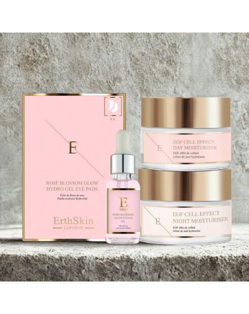 Tagescreme mit EGF-Zelleffekt + Nachtcreme mit EGF-Zelleffekt + Rosenblüten-Augenkonturpflaster + Rosenblüten-Gesichtsöl