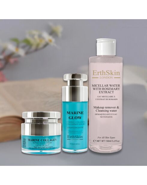 Set de agua micelar de romero, sérum de vitamina C y crema de noche con colágeno, 3 unidades