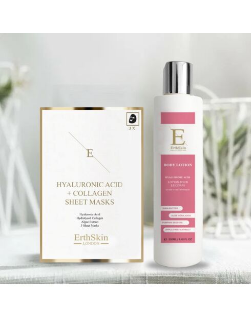 Lozione per il corpo all'acido ialuronico e collagene 250 ml + maschera all'acido ialuronico e collagene - 3 fogli