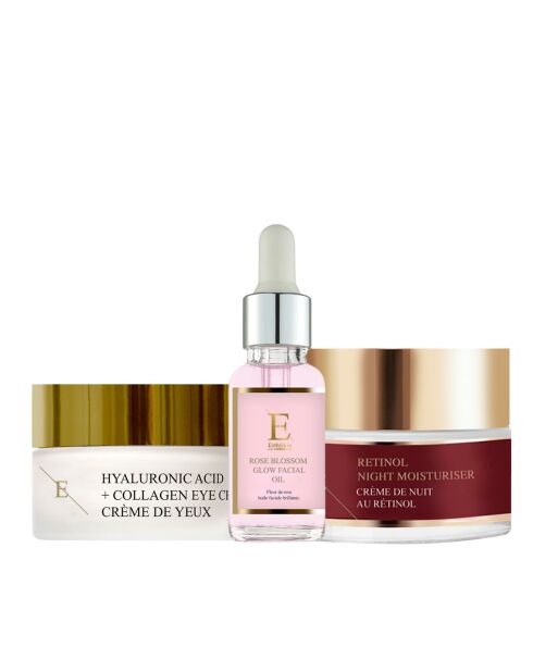 Set de crema de noche con retinol, crema antienvejecimiento para contorno de ojos y aceite facial Pink Glow, 3 unidades