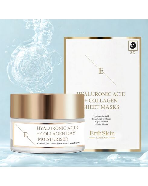 Set Crema da giorno a base di acido ialuronico e collagene + maschere - 2 pezzi