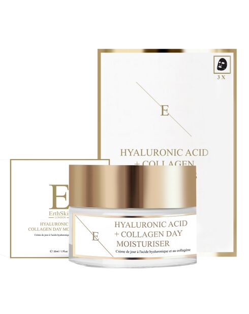 Set Crema da giorno a base di acido ialuronico e collagene + maschere - 2 pezzi