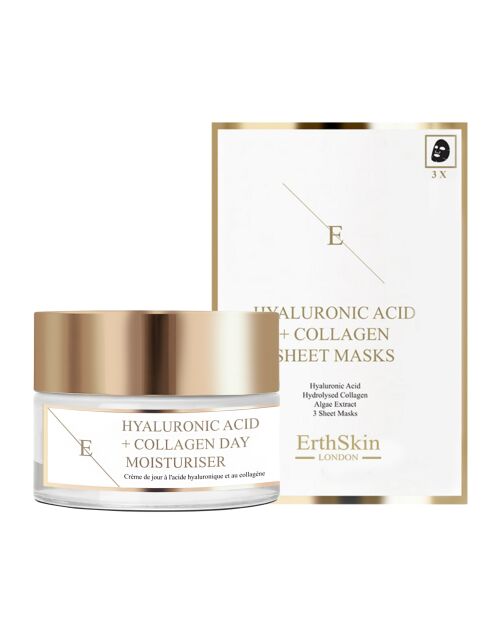 Set Crema da giorno a base di acido ialuronico e collagene + maschere - 2 pezzi