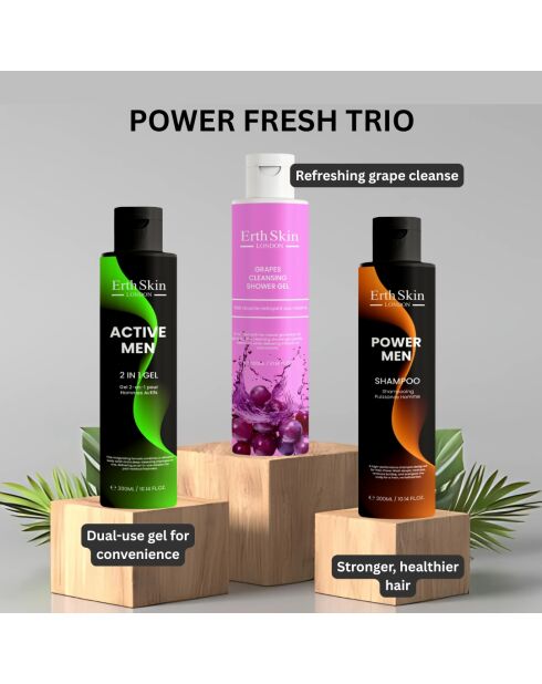 Shampoo Power Men 300 ml + gel 2 in 1 Active Men 300 ml + gel doccia detergente all'uva 300 ml