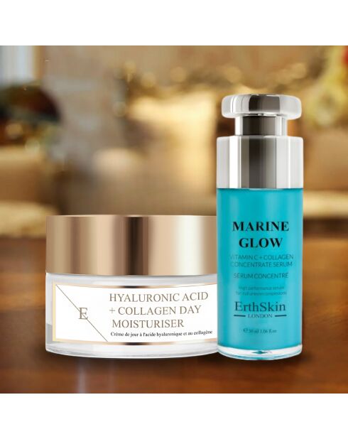 Marine Glow Konzentriertes Serum mit Vitamin C und Kollagen, 30 ml, Tagescreme mit Hyaluronsäure und Kollagen, 50 ml