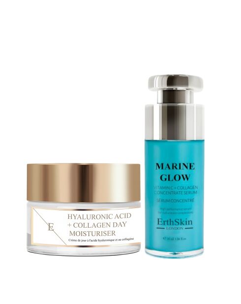 Marine Glow Konzentriertes Serum mit Vitamin C und Kollagen, 30 ml, Tagescreme mit Hyaluronsäure und Kollagen, 50 ml