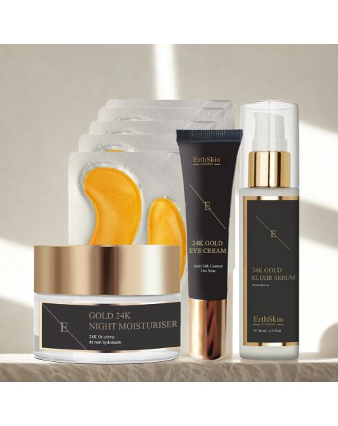 24k Gold Set Anti-Falten-Elixier-Serum, Nachtcreme, Augenkonturcreme, Kollagenpflaster, 4 Stück