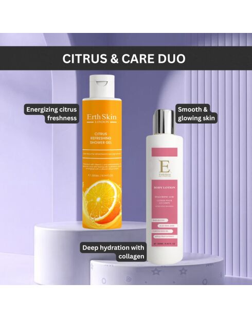 Verfrissende douchegel met citrus 300 ml + bodylotion met hyaluronzuur en collageen 250 ml