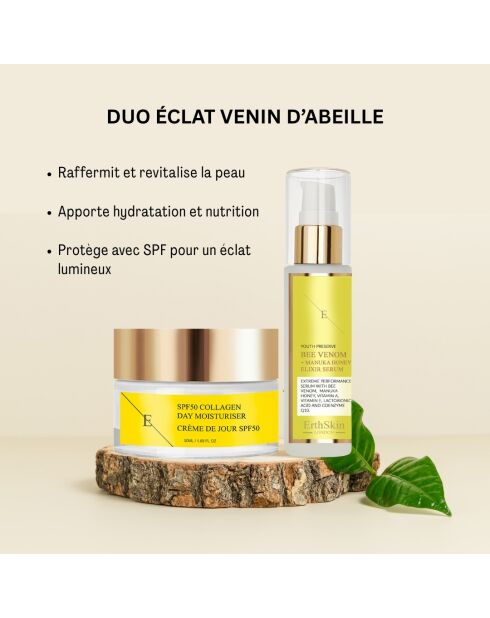 Set Sérum élixir venin d'abeille et miel + Crème de jour collagène SPF 50 - 2 pièces