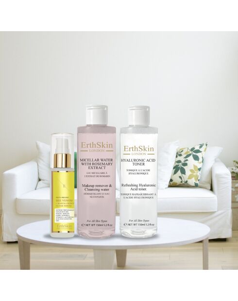 Set de agua micelar de romero, tónico refrescante y elixir sérum con ácido hialurónico, 3 unidades