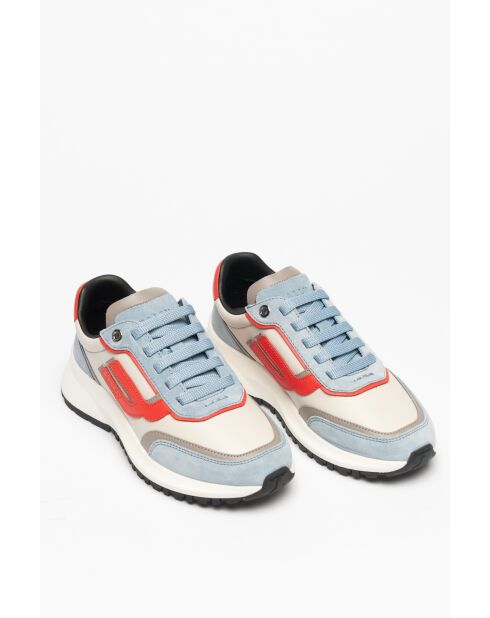 Baskets en cuir bleu Iseult ciel/blanc cassé/orange