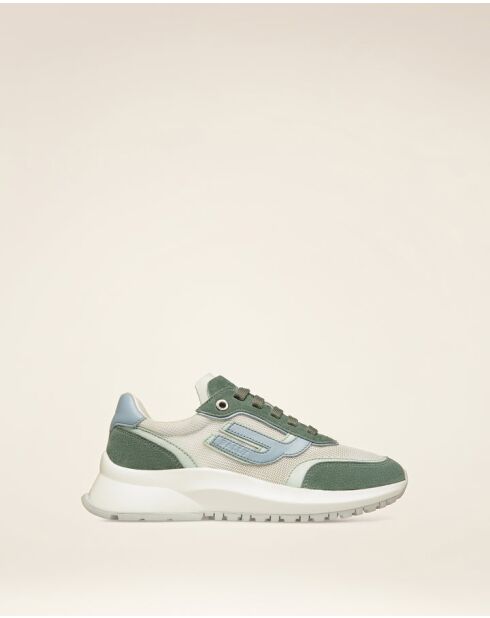 Baskets en cuir vert Thaïs sauge/bleu ciel/blancs