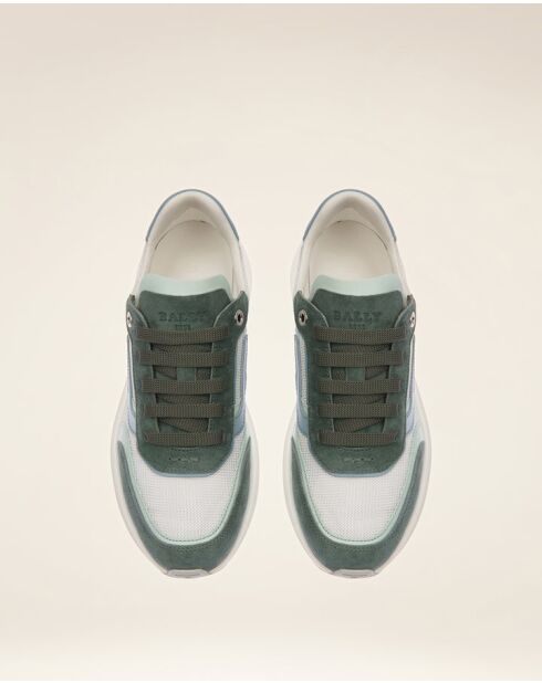 Baskets en cuir vert Thaïs sauge/bleu ciel/blancs