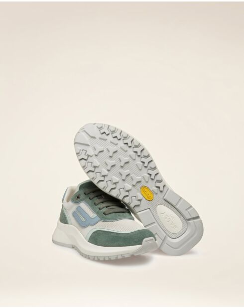 Baskets en cuir vert Thaïs sauge/bleu ciel/blancs