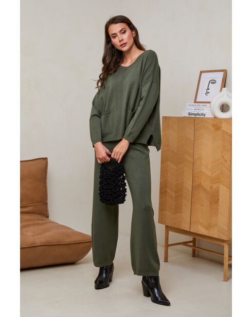 Soléna Khakifarbenes Set aus Pullover und Hose