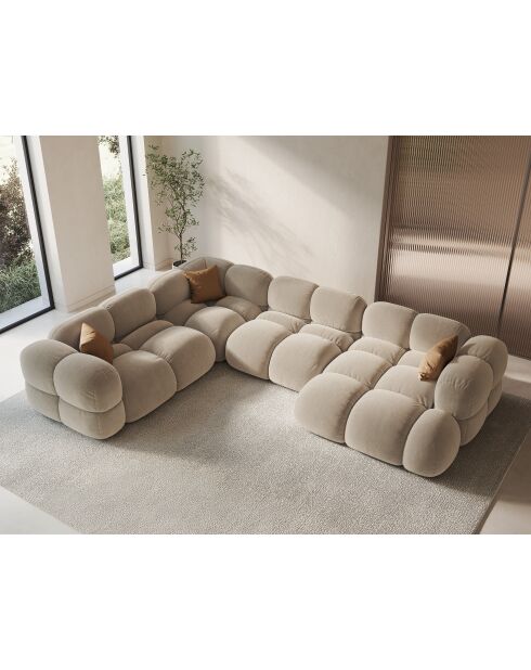 Canapé D'Angle Panoramique (Côté gauche) velours Loretto 5 Places beige clair - 345x250x68 cm