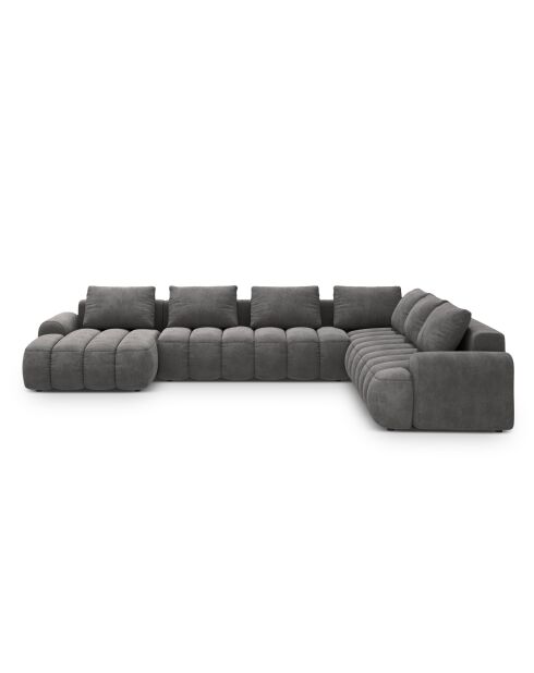 Kimi 6-Sitzer-Ecksofa und Kofferraum aus grauem Samt mit Panoramablick rechts — 346x270x84 cm