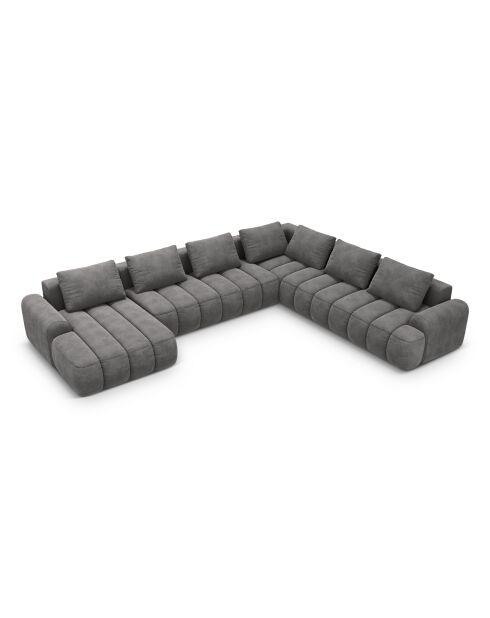 Kimi 6-Sitzer-Ecksofa und Kofferraum aus grauem Samt mit Panoramablick rechts — 346x270x84 cm