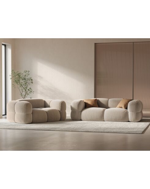 Canapé velours Loretto 3 Places beige clair - 210x100x68 cm