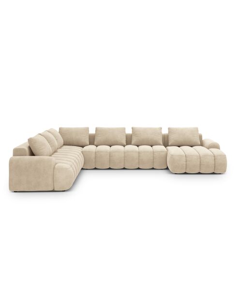Kimi 6-Sitzer, ausziehbares Panorama-Ecksofa aus Samt, mit Kofferraum, 346 x 270 x 84 cm, hellbeige