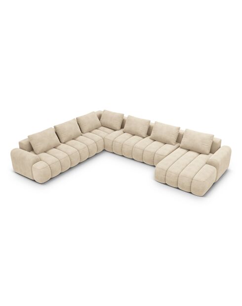 Kimi 6-Sitzer, ausziehbares Panorama-Ecksofa aus Samt, mit Kofferraum, 346 x 270 x 84 cm, hellbeige
