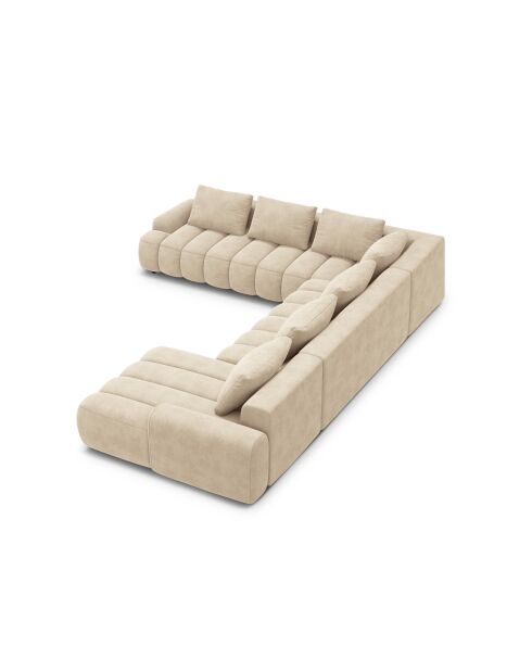Kimi 6-Sitzer, ausziehbares Panorama-Ecksofa aus Samt, mit Kofferraum, 346 x 270 x 84 cm, hellbeige