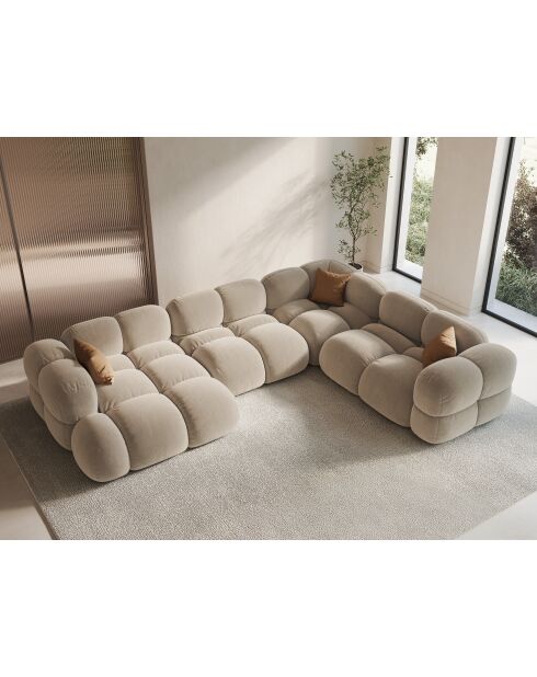 Canapé D'Angle Panoramique (Côté droit) velours Loretto 5 Places beige clair - 345x250x68 cm