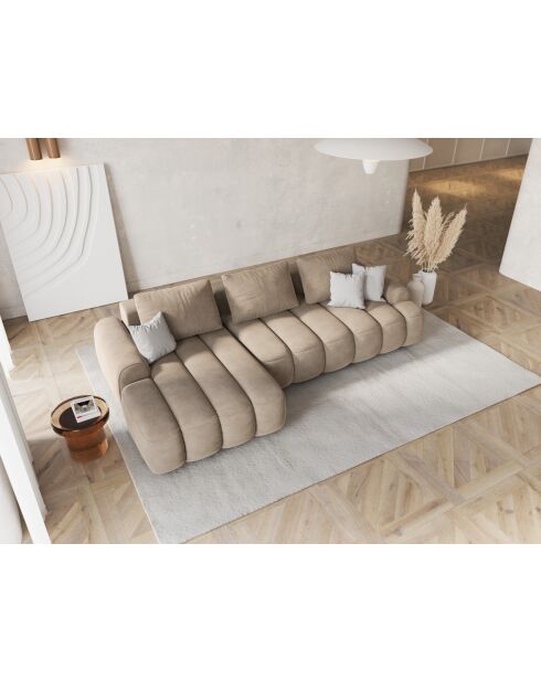 Canapé d'angle gauche velours convertible avec coffre Kimi 3 Places beige clair - 275x142x84 cm