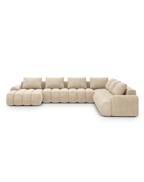 Kimi 6-Sitzer-Ecksofa aus Samt mit Panoramablick rechts mit Kofferraum Kimi 6-Sitzer hellbeige — 346x270x84 cm