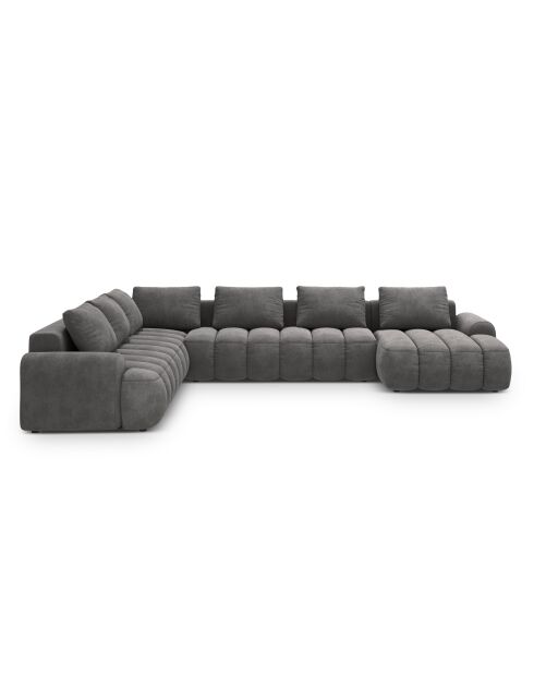 Kimi 6-Sitzer, ausziehbares Ecksofa und Kofferraum aus Samt, 346 x 270 x 84 cm, Grau