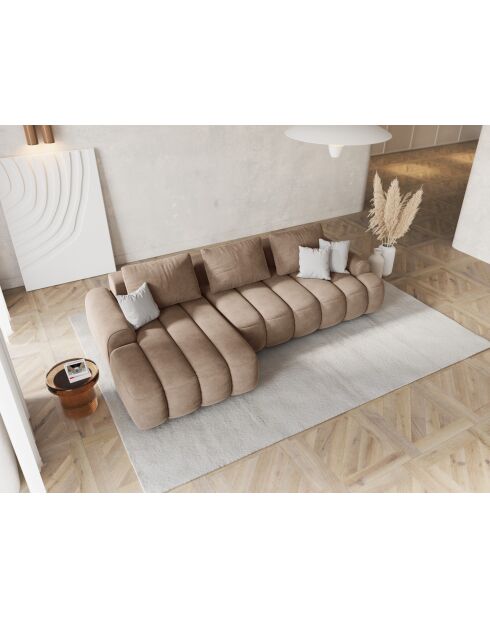 Canapé d'angle gauche velours convertible avec coffre Kimi 3 Places beige foncé - 275x142x84 cm
