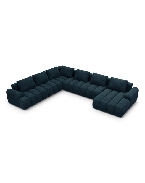 Kimi, umwandelbares Panorama-Ecksofa aus Samt mit Kofferraum, 6 Sitze, tiefblau — 346x270x84 cm