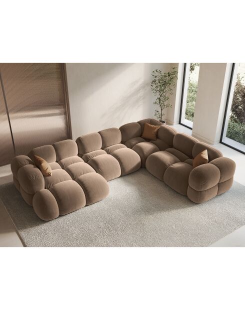 Canapé D'Angle Panoramique (Côté droit) velours Loretto 5 Places beige foncé - 345x250x68 cm