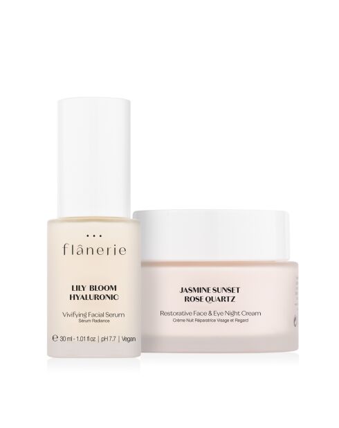 Duo Hyaluronzuur Radiance Serum + Rozenkwarts herstellende nachtcrème