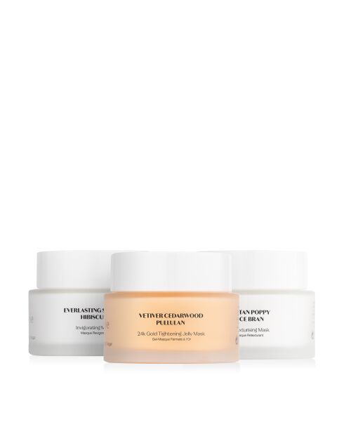 Gouden verstevigende maskerset + retexturerend rijstzemelenmasker + verkwikkend Hibiscusmasker