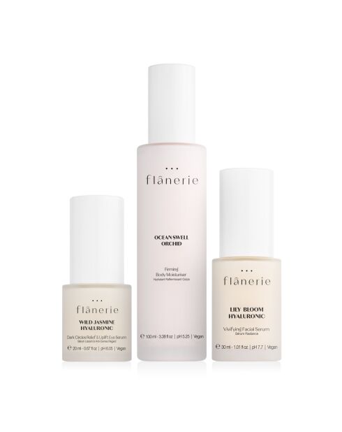 Radiance Face Serum Set + Glättendes und gegen dunkle Ringe schützendes Augenserum mit Hyaluronsäure und Orchideenstraffung für den Körper