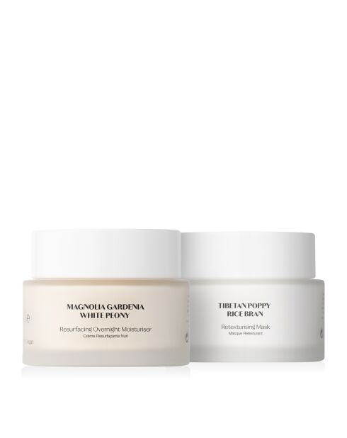 Set met retexturerend masker met rijstzemelen en witte pioenroos voor de nacht