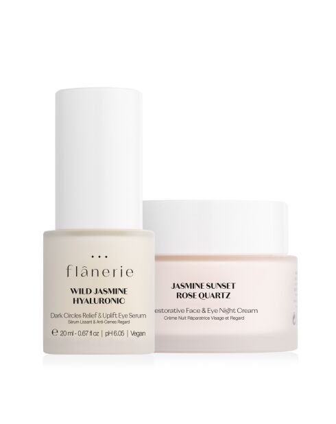 Glättendes Serum-Set mit Hyaluronsäure gegen Augenringe und regenerierende Nachtcreme mit Rosenquarz