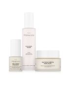 Glättendes Serum-Set mit Hyaluronsäure gegen Augenringe, Nachtcreme mit weißer Pfingstrose und straffender Feuchtigkeitscreme für den Körper mit Orchideen