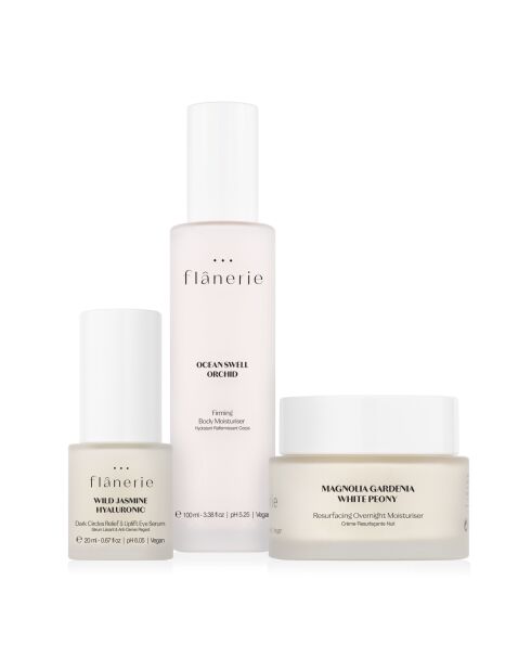 Glättendes Serum-Set mit Hyaluronsäure gegen Augenringe, Nachtcreme mit weißer Pfingstrose und straffender Feuchtigkeitscreme für den Körper mit Orchideen
