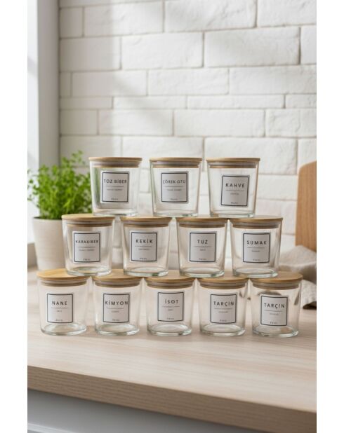 Set di 12 barattoli trasparenti per spezie