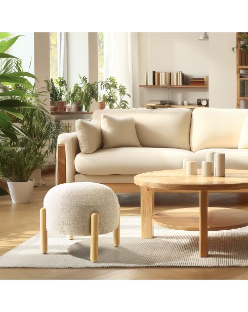Pouf en tissu effet laine beige et pieds bois